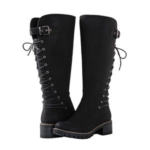Lace Up Back Knee High Fashion Boots Vegan Leather